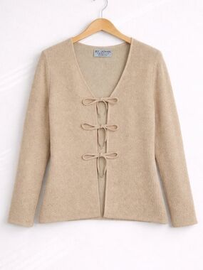 St John Couture~Womens Tie Front Beaded Cardigan~Oatmeal Tan~Dog Shows Attire